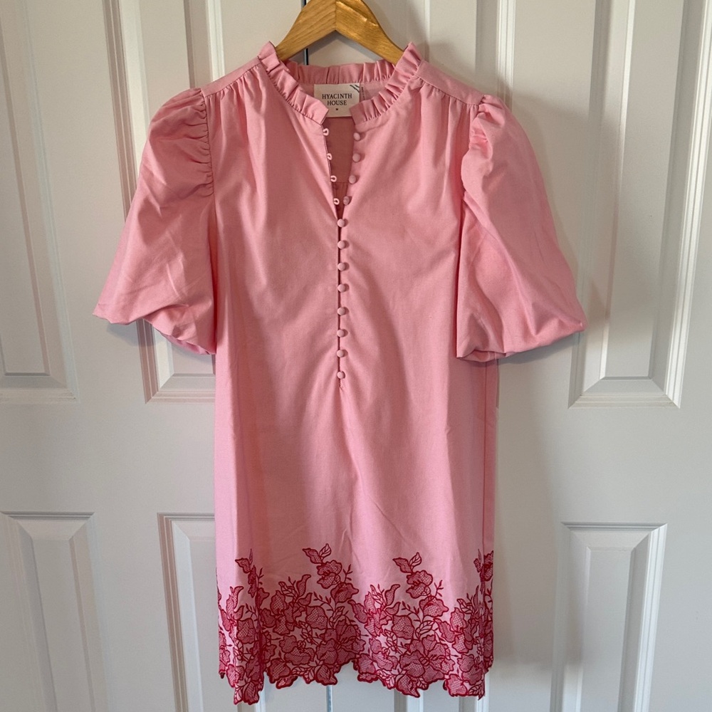 Beautiful pink Hyacinth House dress with Red Floral Embroidery